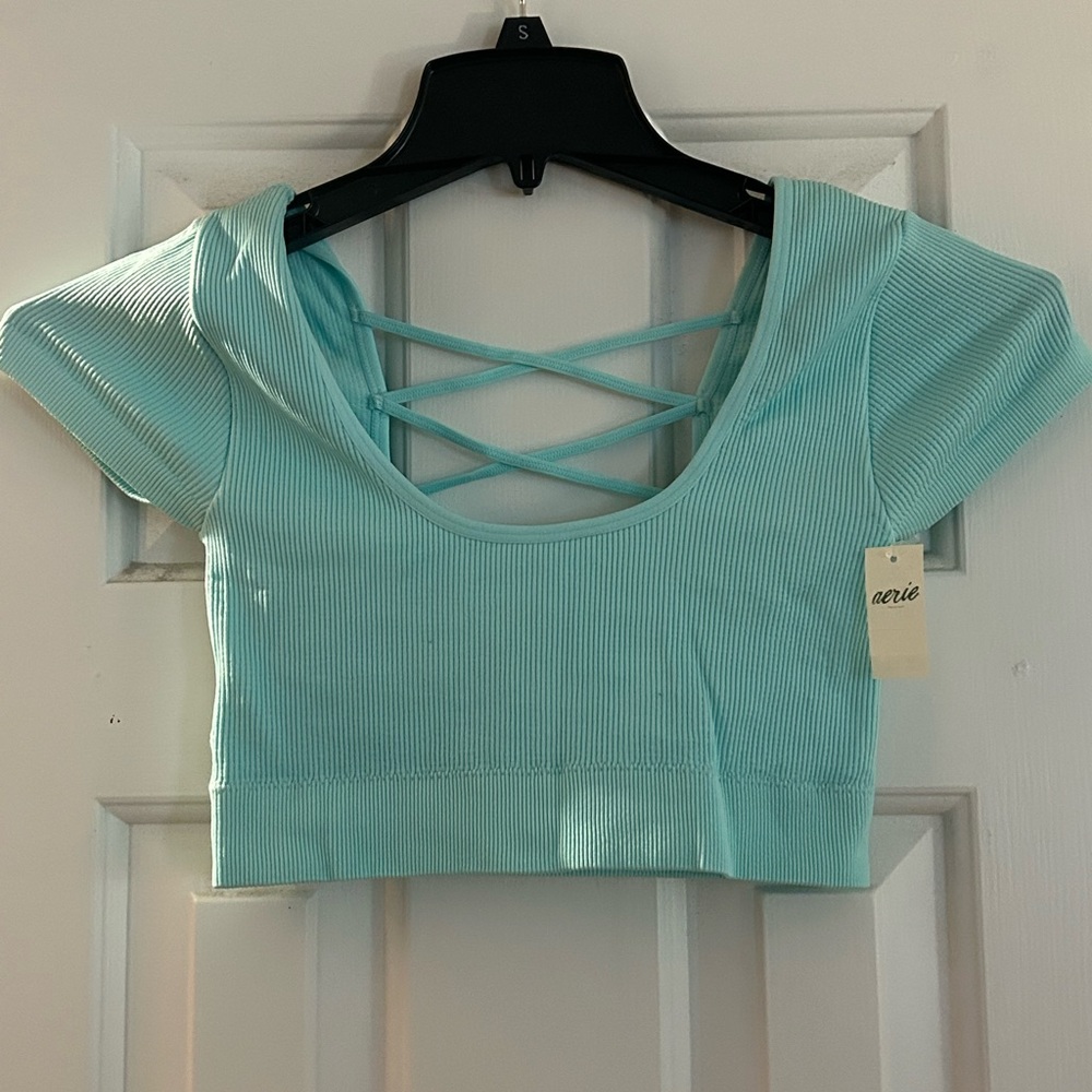 Aerie Aqua Ribbed Crop Top with Crisscross Back